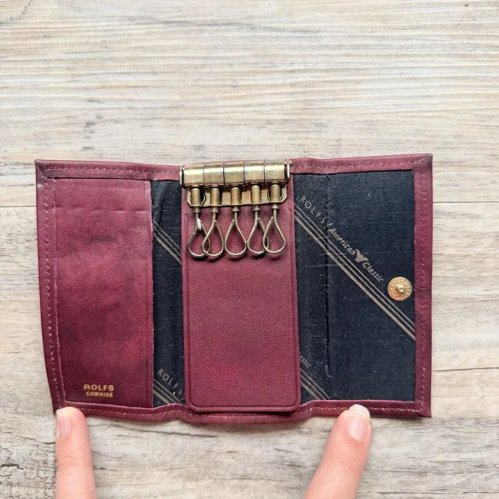 Vintage Rolfs Cowhide Genuine Leather Burgundy Key Holder Wallet Organize Floral